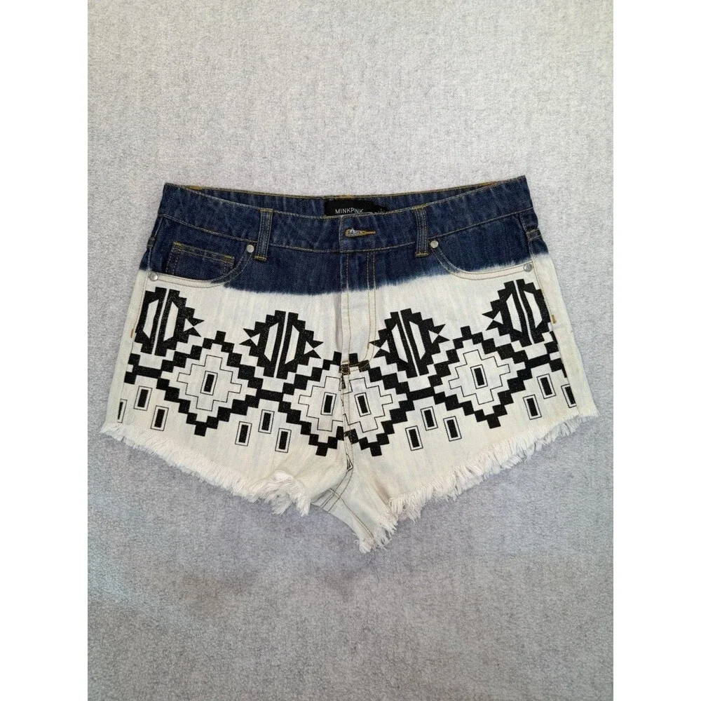 MINKPINK Shorts Women L Geometric Boho Cut Off Denim Fringe Zip Flat Front
